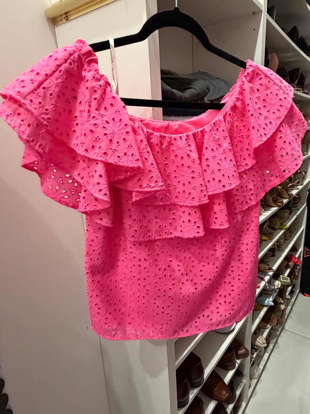 Lilly Pulitzer Hot Pink Eyelet Ruffle Off-Shoulder Top